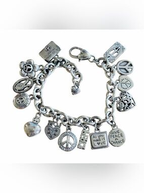 ☮️ BRIGHTON VINTAGE Silver Peace & Love Charm Bracelet